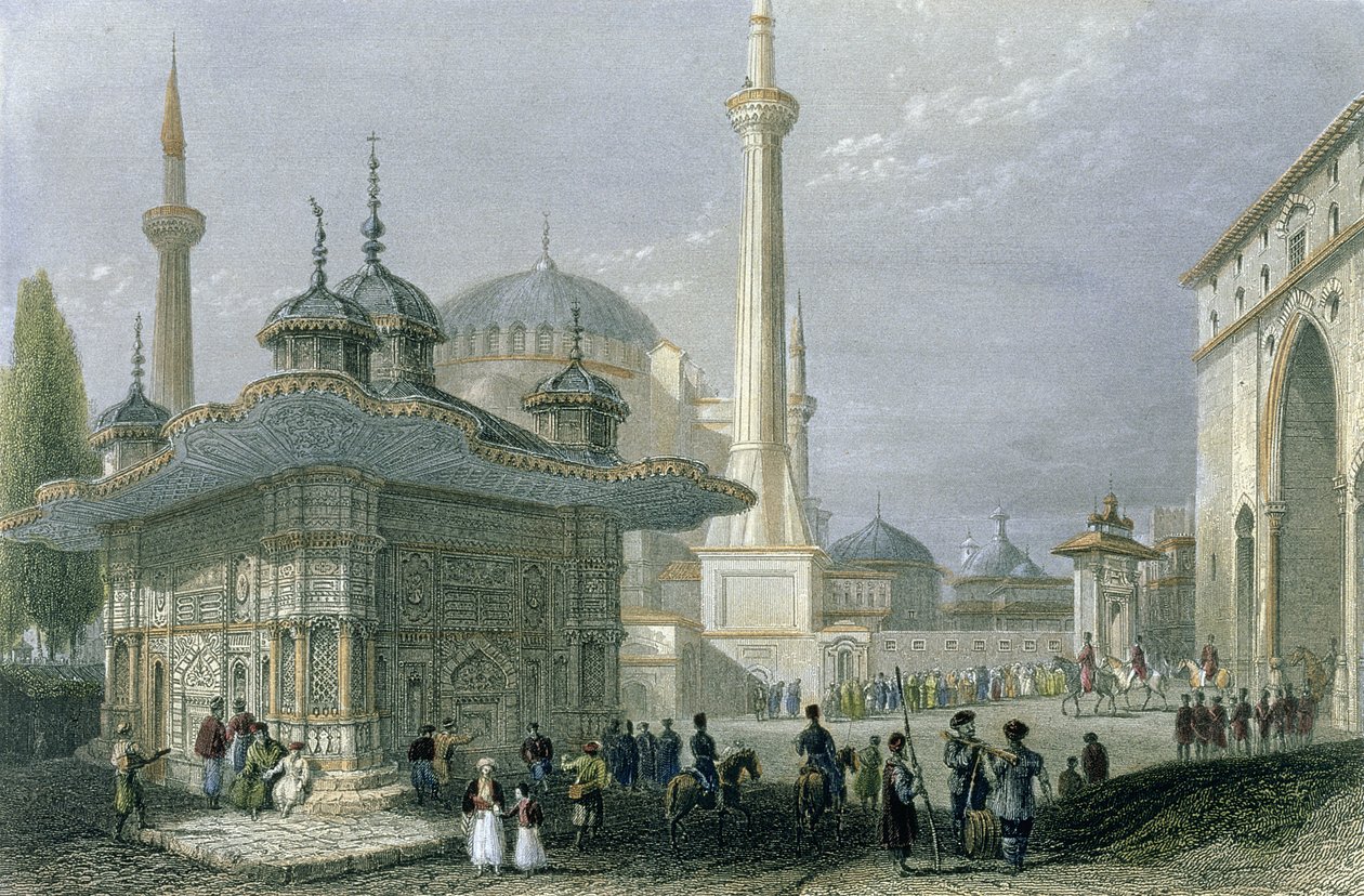 Pyhän Sofian suihkulähde ja aukio, Istanbul, kaivertaja T. Higham, noin 1850 (akvatintta). tekijältä William Henry Bartlett