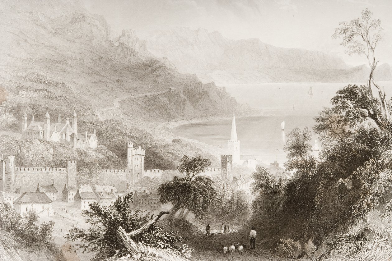 Glenarm, Antrimin kreivikunta, Pohjois-Irlanti, George Virtuen teoksesta "Scenery and Antiquities of Ireland", 1860-luku tekijältä William Henry Bartlett