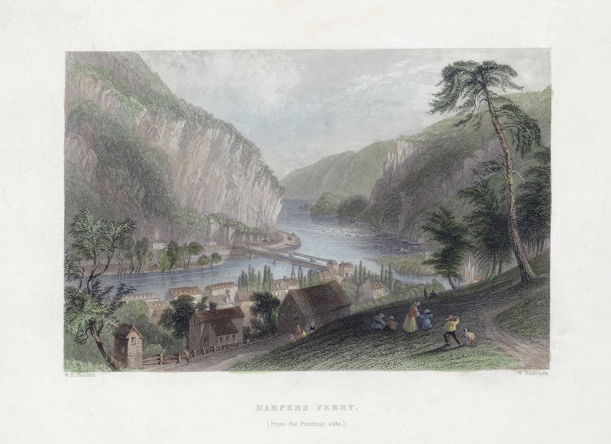 Harpers Ferry (Potomacin puolelta), pubi. 1839 (käsinvärinen kaiverrus) tekijältä William Henry Bartlett