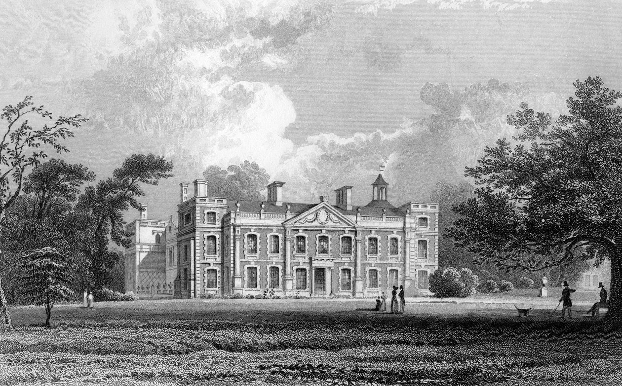Hill Hall, lähellä Eppingiä, Essex, kaivertanut Samuel Lacey, 1831 tekijältä William Henry Bartlett