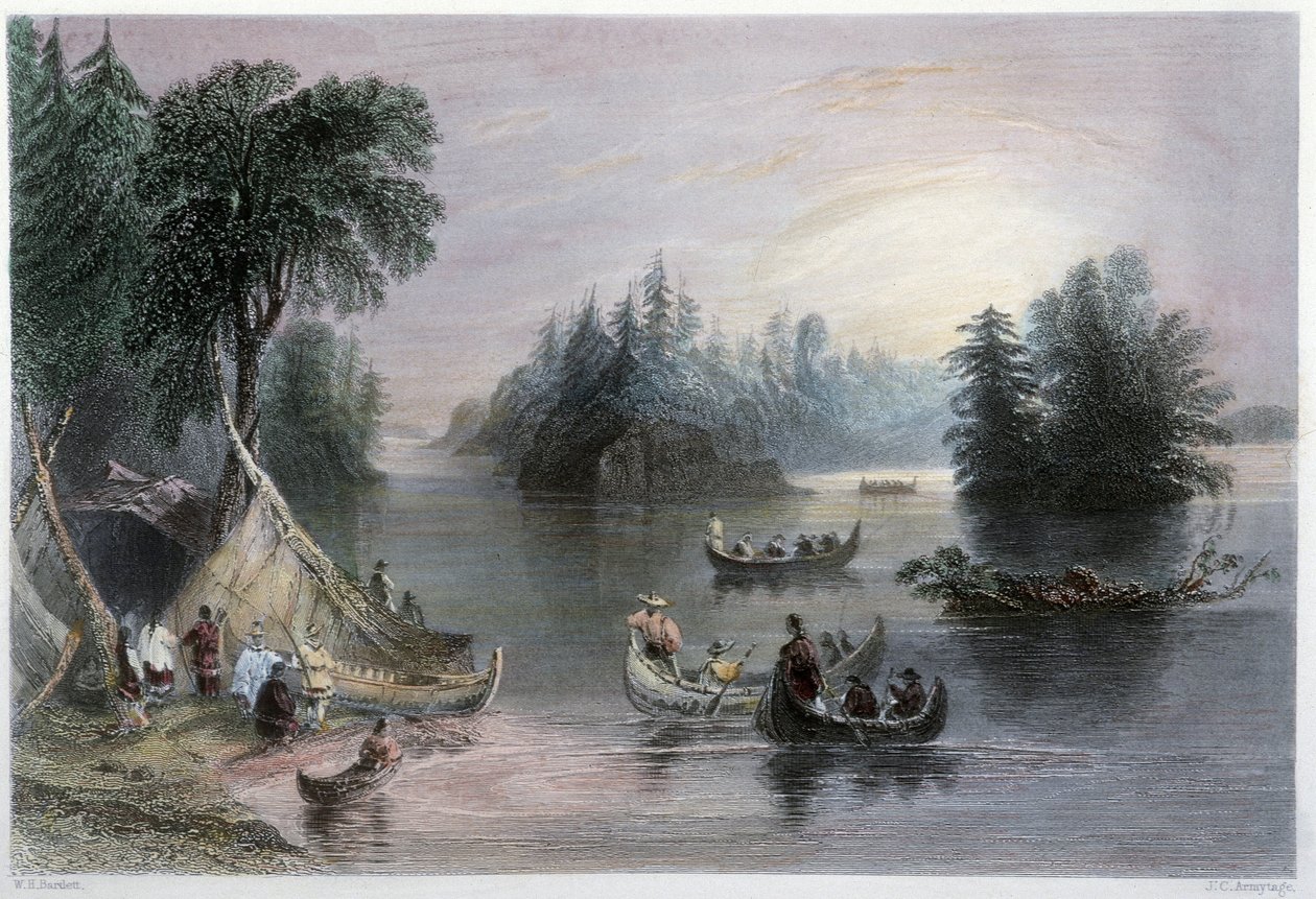 Intialaiset tipit ja kanootit, St Laurentin pankit - "" Kanadan maisemassa kuvittamassa" W.H. Bartlett, Lontoo tekijältä William Henry Bartlett