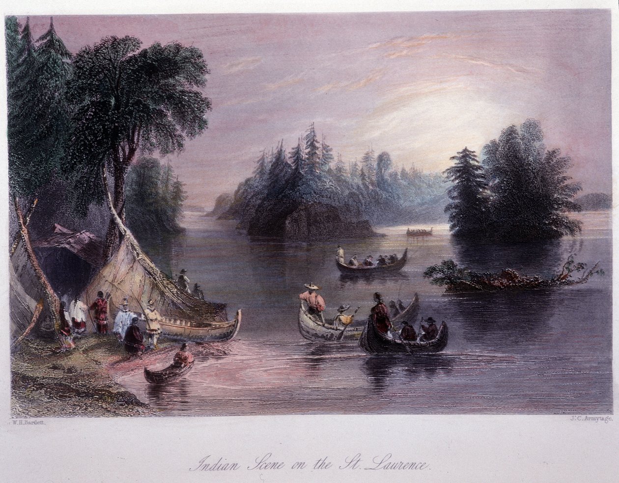 Intiaanileiri Saint Laurentin rannalla - Bartlett W. H. kuvittamassa "" kanadalaisessa maisemassa. tekijältä William Henry Bartlett