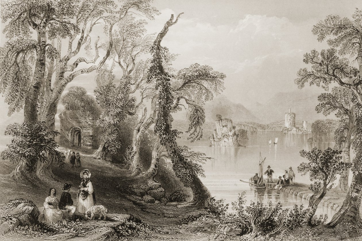 Innisfallen, Killarney Lake, Killarneyn kreivikunta, George Virtuen teoksesta "Scenery and Antiquities of Ireland", 1860-luku tekijältä William Henry Bartlett