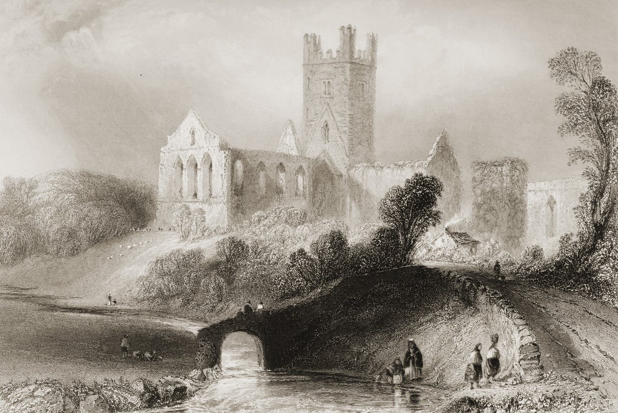 Jerpoint Abbey, Kilkennyn kreivikunta, Irlanti, George Virtuen teoksesta "Scenery and Antiquities of Ireland", 1860-luku tekijältä William Henry Bartlett