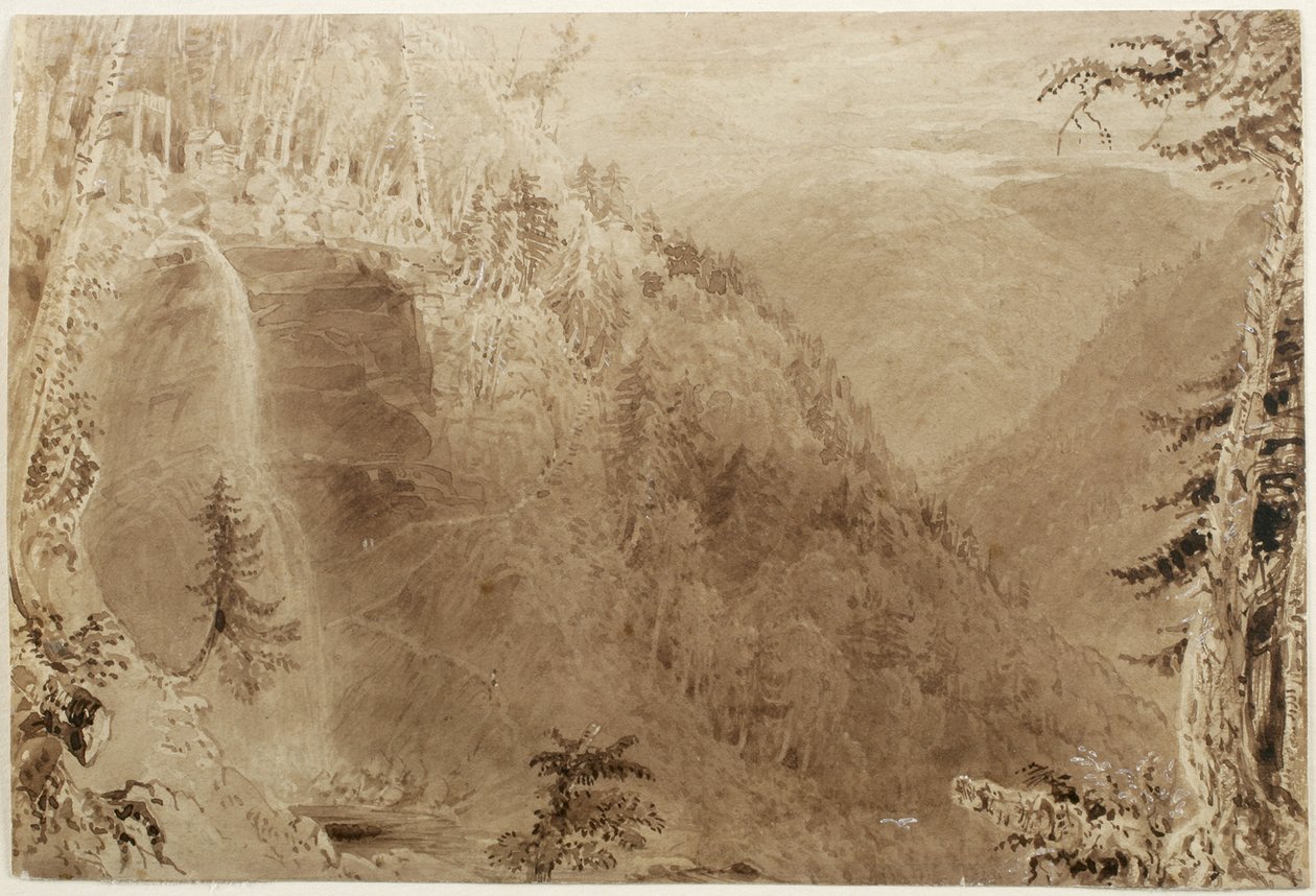 Kaaterskill Falls from Above the Ravine, Catskill Mountains, New York: Study for an Engraving, 1836 (ruskea mustepesu, jossa on valkoisia korotuksia paperille, asetettu kortille) tekijältä William Henry Bartlett