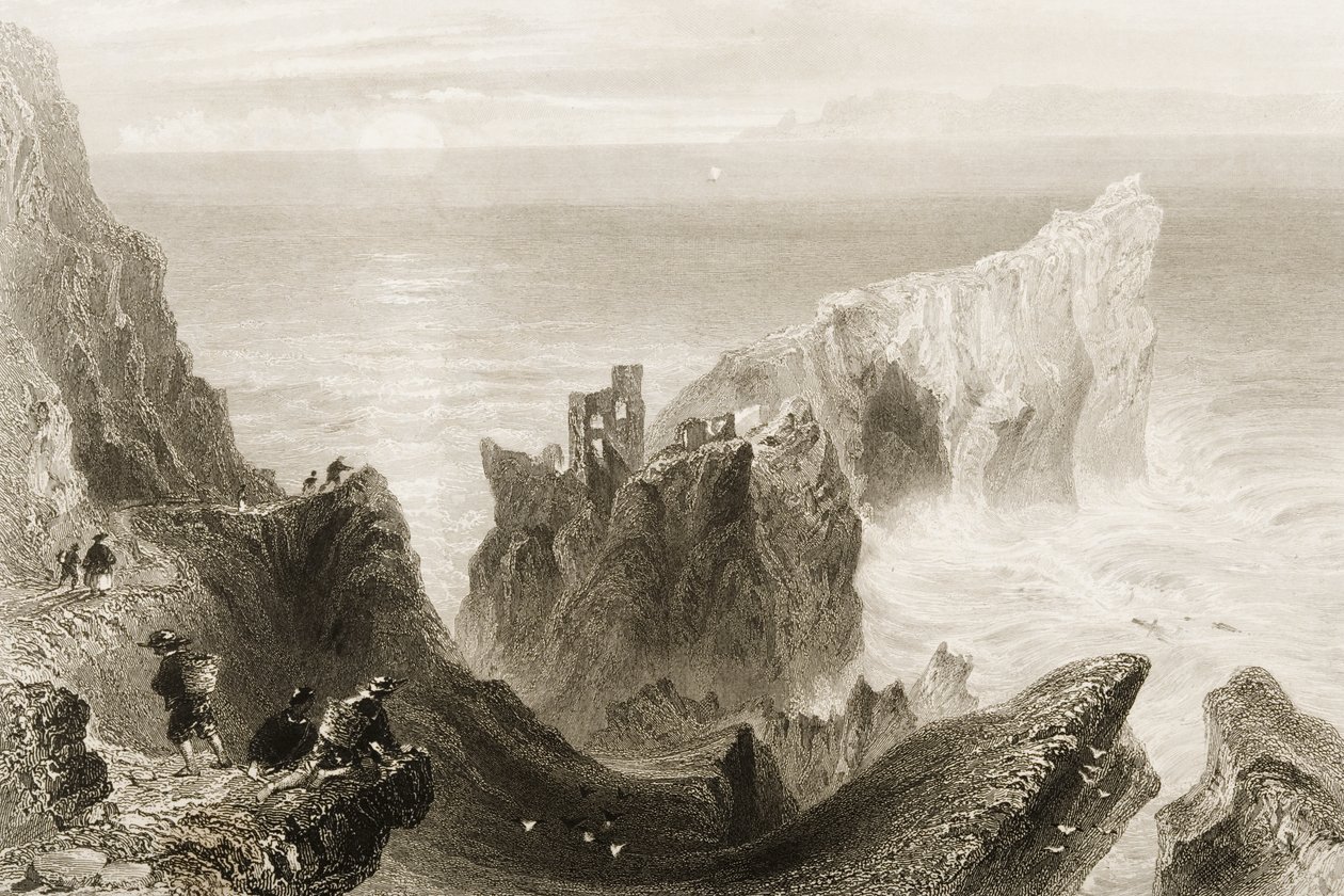 Kenbaanin linna, lähellä Ballycastlea, Antrimin kreivikunta, Pohjois-Irlanti, George Virtuen teoksesta "Scenery and Antiquities of Ireland", 1860-luku tekijältä William Henry Bartlett