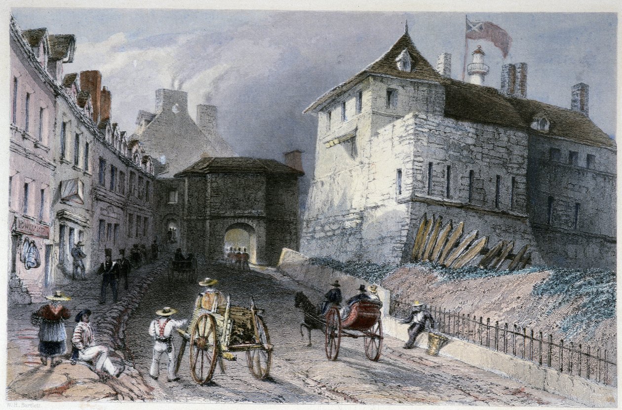 La porte "" Priscott Gate"" Quebec Cityssä, Kanadassa - "" Canadian Scenery kuvittamassa" William Henry Bartlett, toim. George Virtue tekijältä William Henry Bartlett