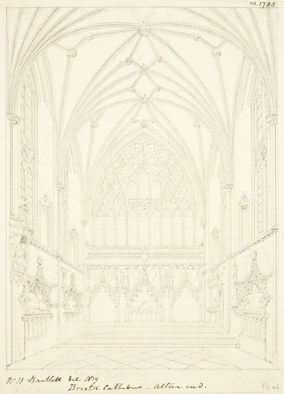 Lady Chapel of Bristolin katedraali itään katsova (kynä ja akvarelli paperilla) tekijältä William Henry Bartlett
