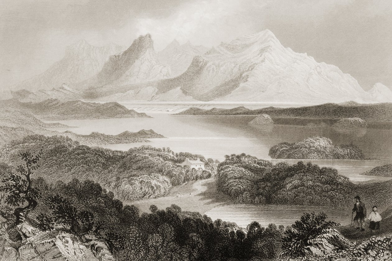 Garrominjärvi, Connemara, Galwayn kreivikunta, George Virtuen teoksesta "Scenery and Antiquities of Ireland", 1860-luku tekijältä William Henry Bartlett