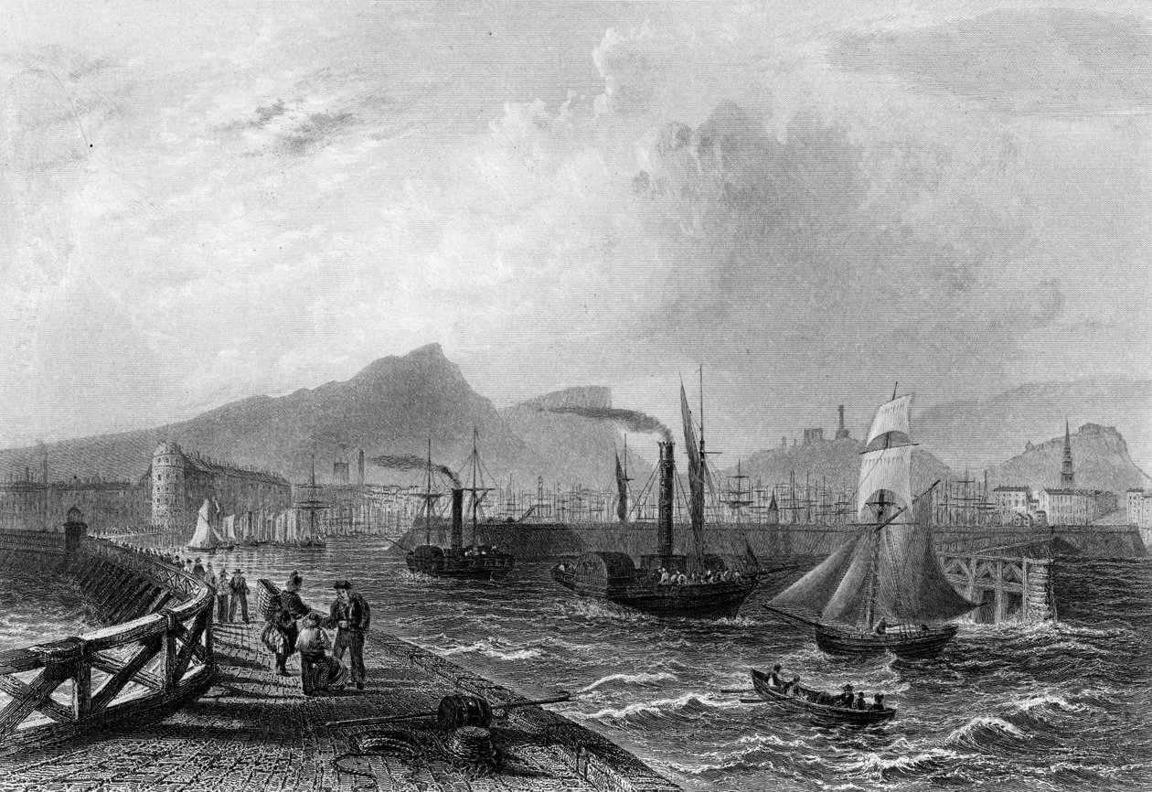 Leith Pier and Harbour, kaiverrus Robert Wallis, n. 1820 tekijältä William Henry Bartlett