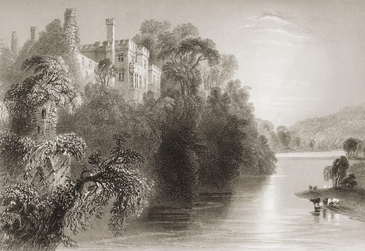 Lismoren linna, Lismore, Waterfordin kreivikunta, Irlanti, George Virtuen teoksesta "Scenery and Antiquities of Ireland", 1860-luku tekijältä William Henry Bartlett