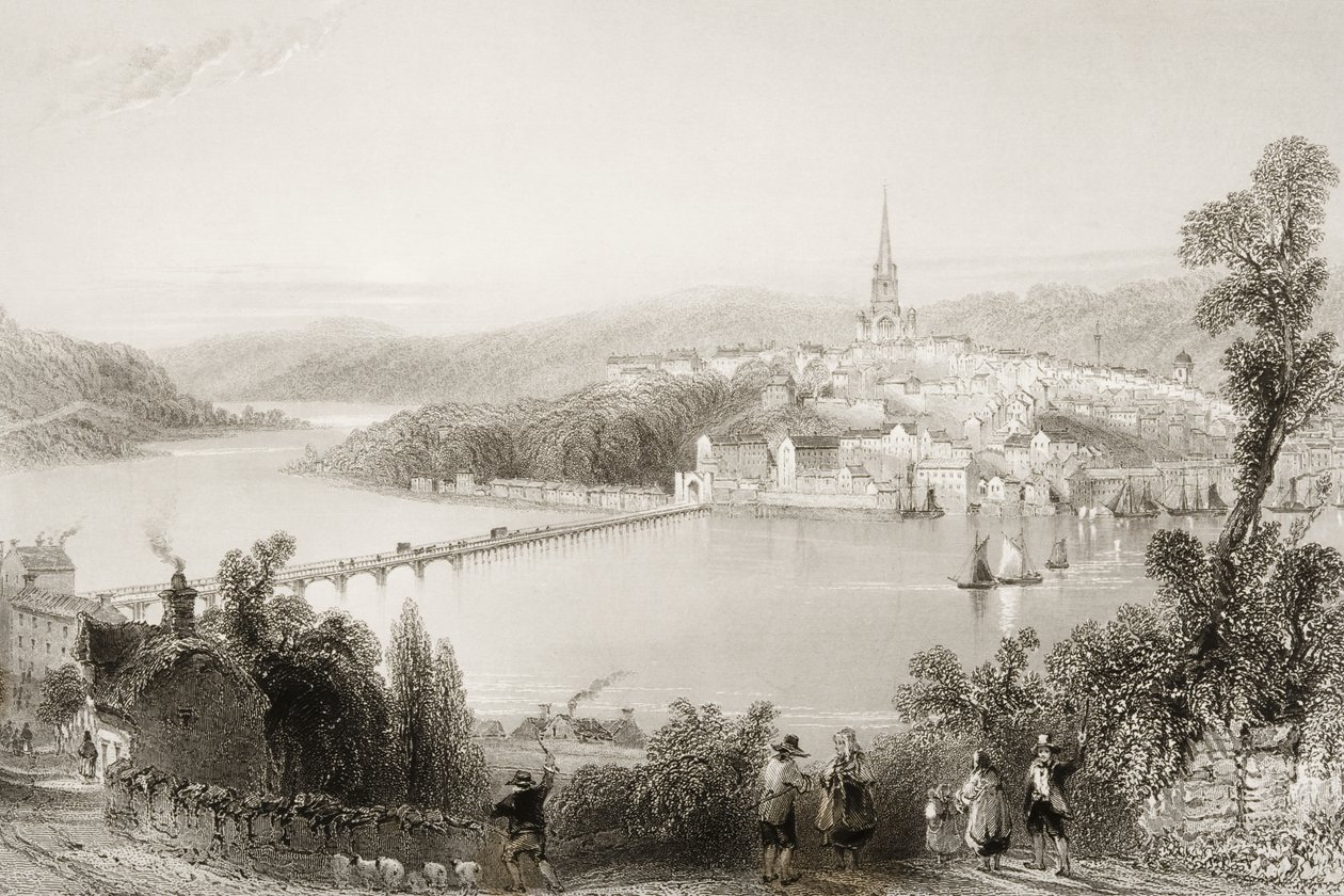 Londonderry, County Londonderry, Pohjois-Irlanti, George Virtuen teoksesta "Scenery and Antiquities of Ireland", 1860-luku tekijältä William Henry Bartlett