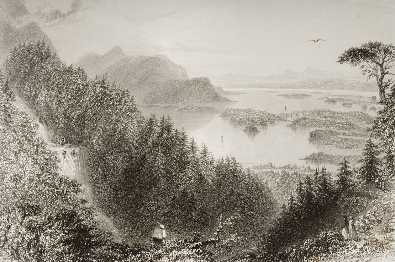 Lower and Turk Lakes, Killarneyn kreivikunta, Irlanti, George Virtuen teoksesta "Scenery and Antiquities of Ireland", 1860-luku tekijältä William Henry Bartlett
