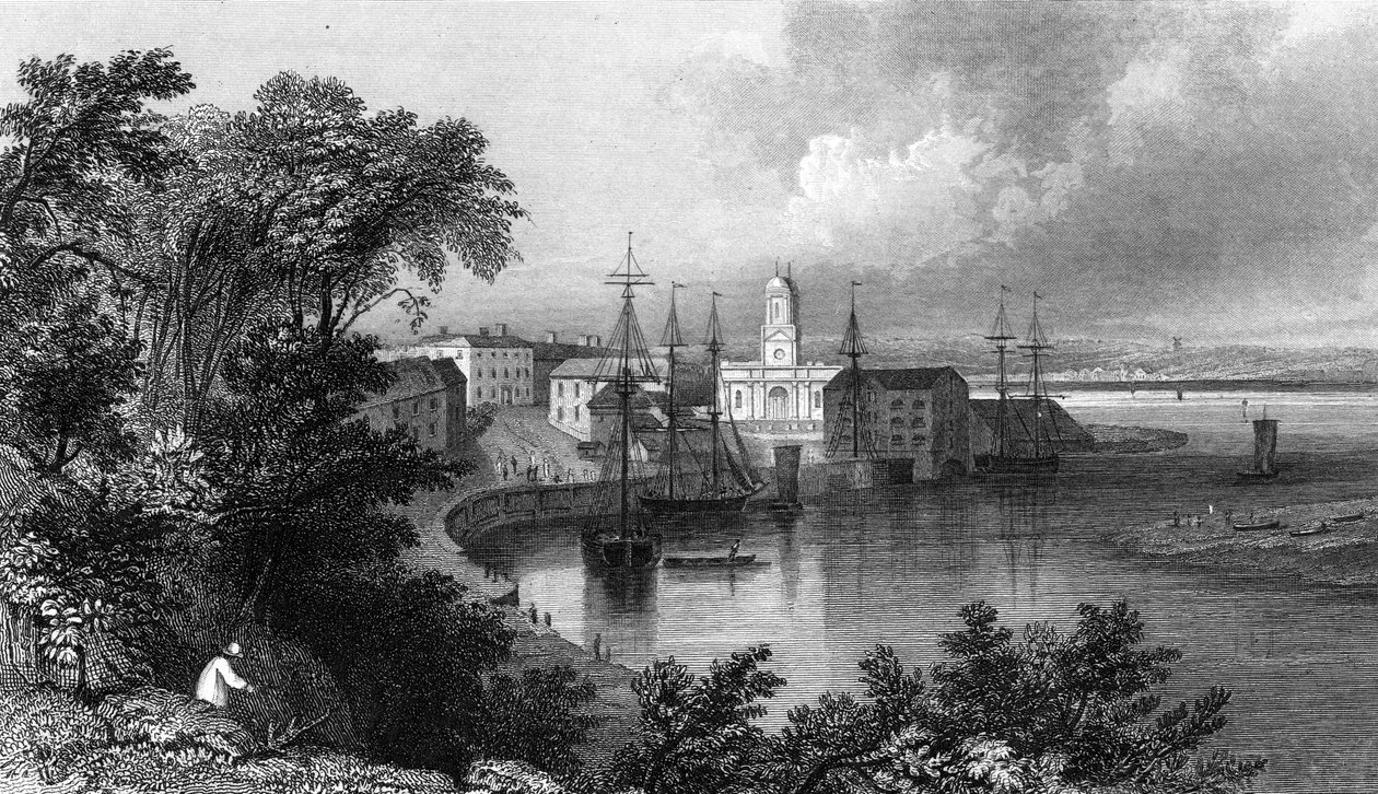 Mistley Quay, lähellä Harwichia, Essex, kaivertanut John Rogers, 1832 tekijältä William Henry Bartlett