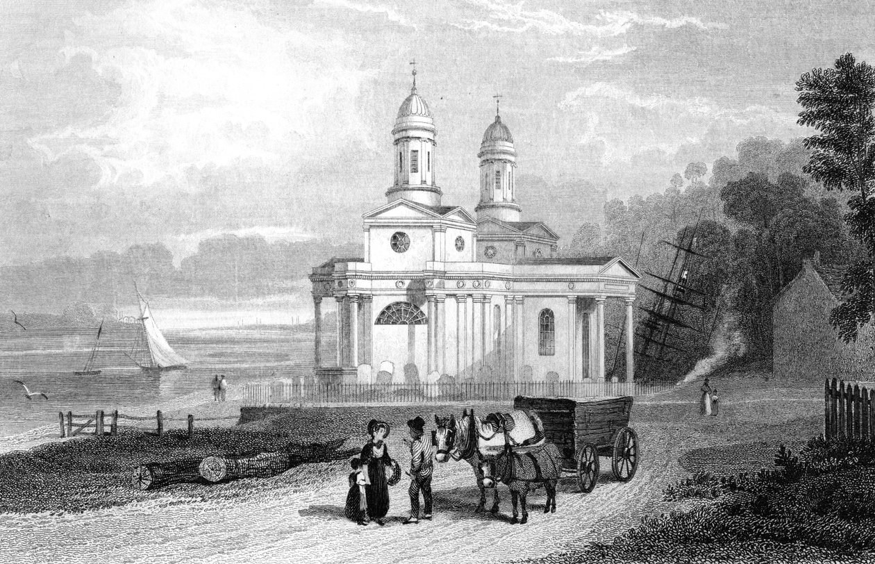 Mistley Thorn Church, Near Manningtree, Essex, kaiverrettu Henry Adlardin toimesta, 1832. tekijältä William Henry Bartlett