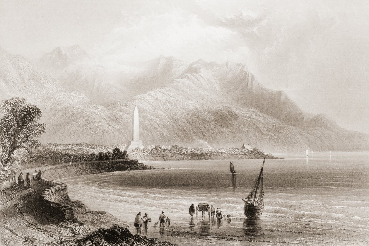 Kenraali Rossin muistomerkki Rosstrevorissa, County Downissa, Pohjois-Irlannissa, "Scenery and Antiquities of Ireland", kirjoittanut George Virtue, 1860 (kaiverrus) tekijältä William Henry Bartlett