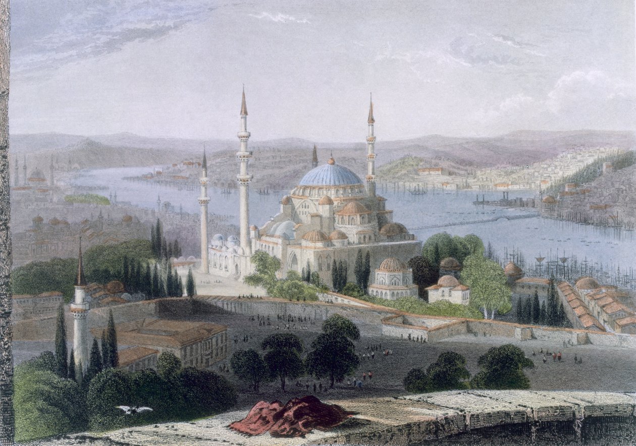Moskeija ja Suleimanin hauta, n. 1850 (värillinen akvatinta) tekijältä William Henry Bartlett