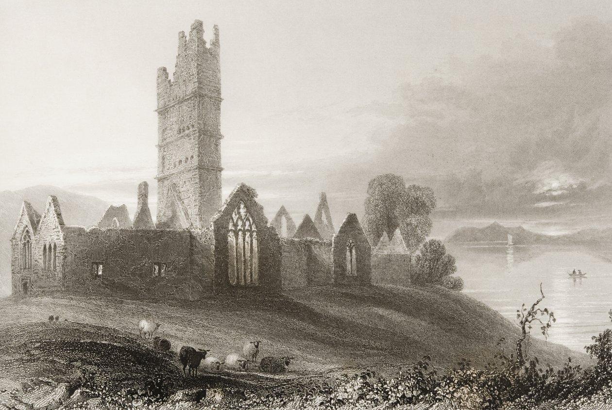 Moyne Abbey, Mayon kreivikunta, Irlanti, George Virtuen teoksesta "Scenery and Antiquities of Ireland", 1860-luku tekijältä William Henry Bartlett