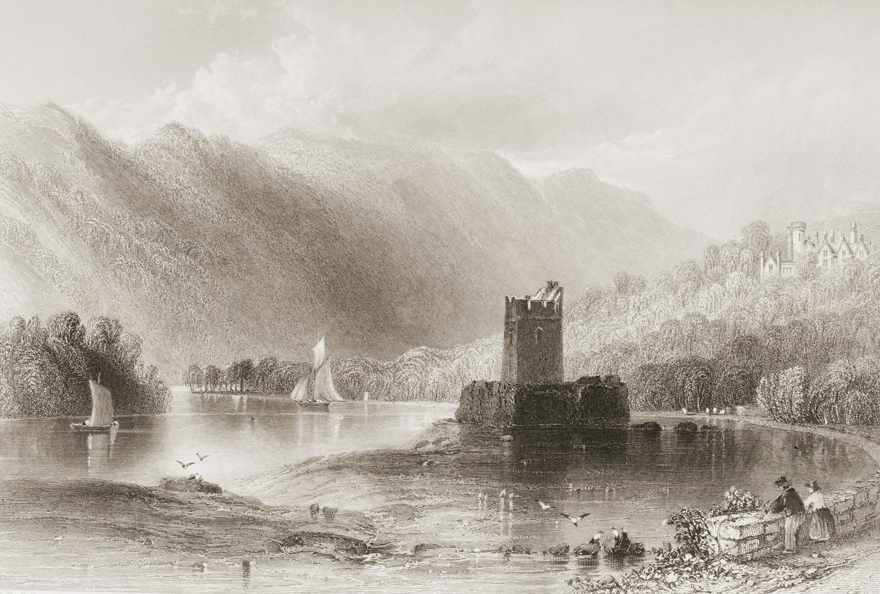 Narrow Water Castle, County Down, Pohjois-Irlanti, George Virtuen teoksesta "Scenery and Antiquities of Ireland", 1860-luku tekijältä William Henry Bartlett