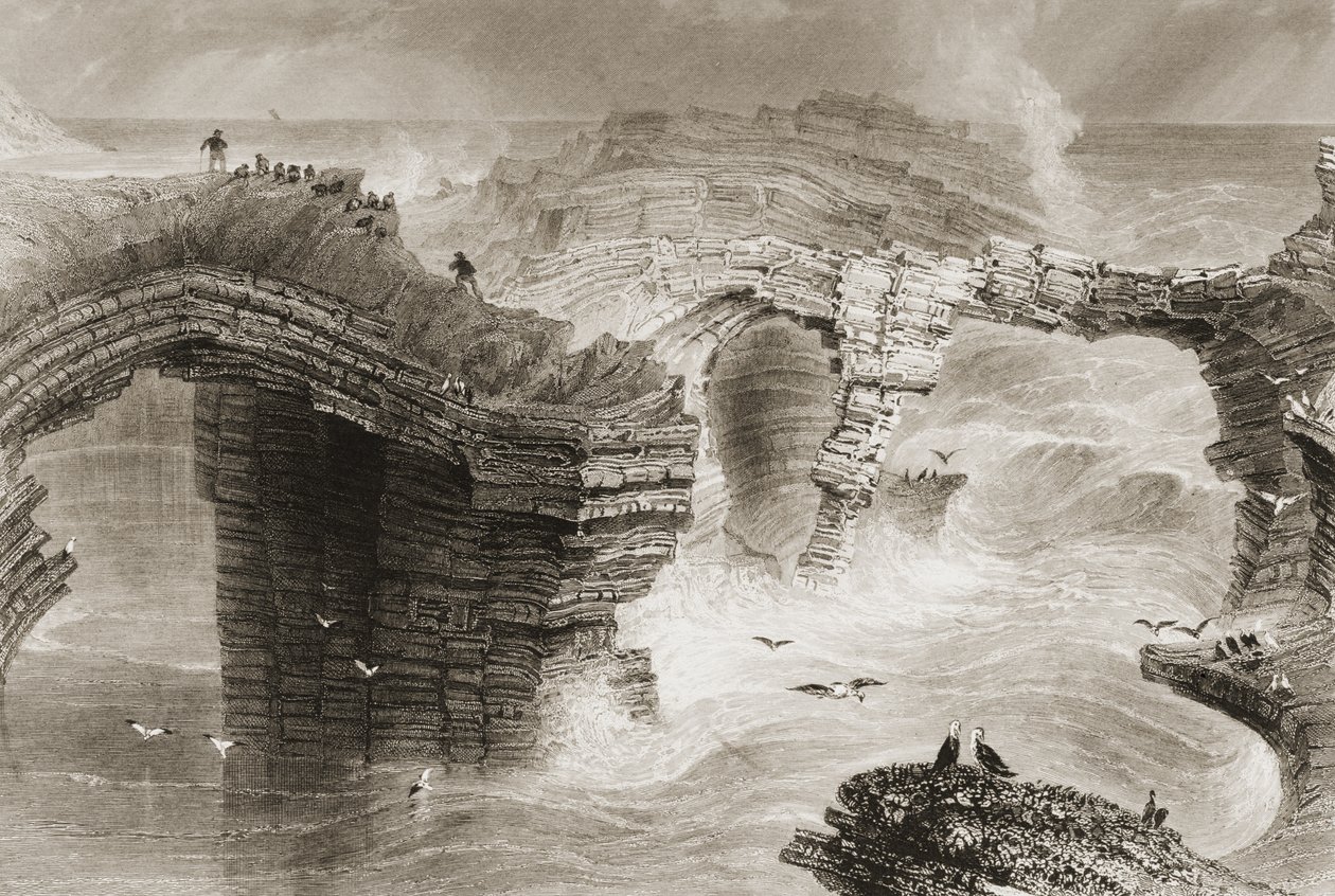 Natural Bridges lähellä Kilkeeä, Claren kreivikunnassa, Irlannissa, elokuvasta "Scenery and Antiquities of Ireland" on George Virtue, 1860-luku tekijältä William Henry Bartlett