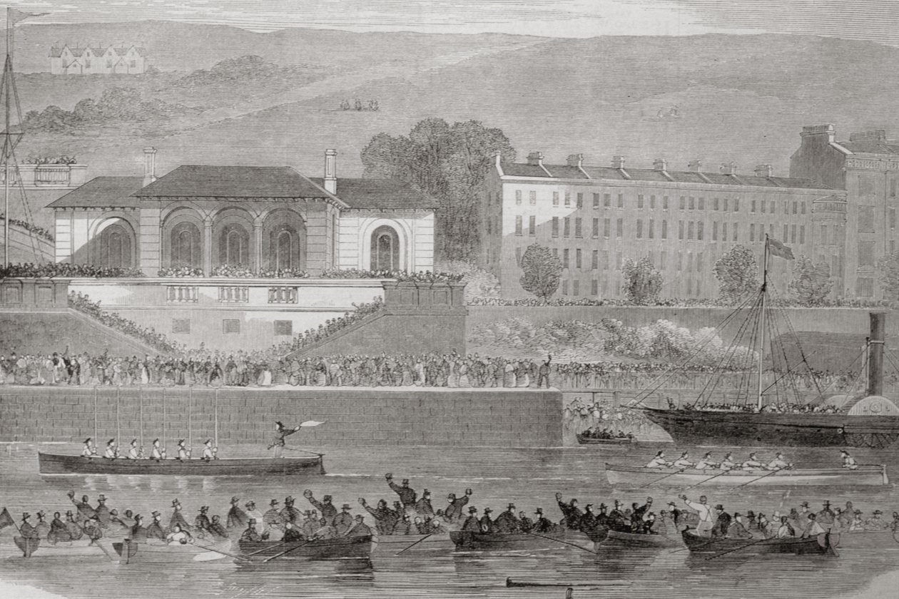 Naval Boat Race Cork Harbourissa, Corkin kreivikunnassa, Irlannissa, George Virtuen "Scenery and Antiquities of Ireland", 1860-luku tekijältä William Henry Bartlett