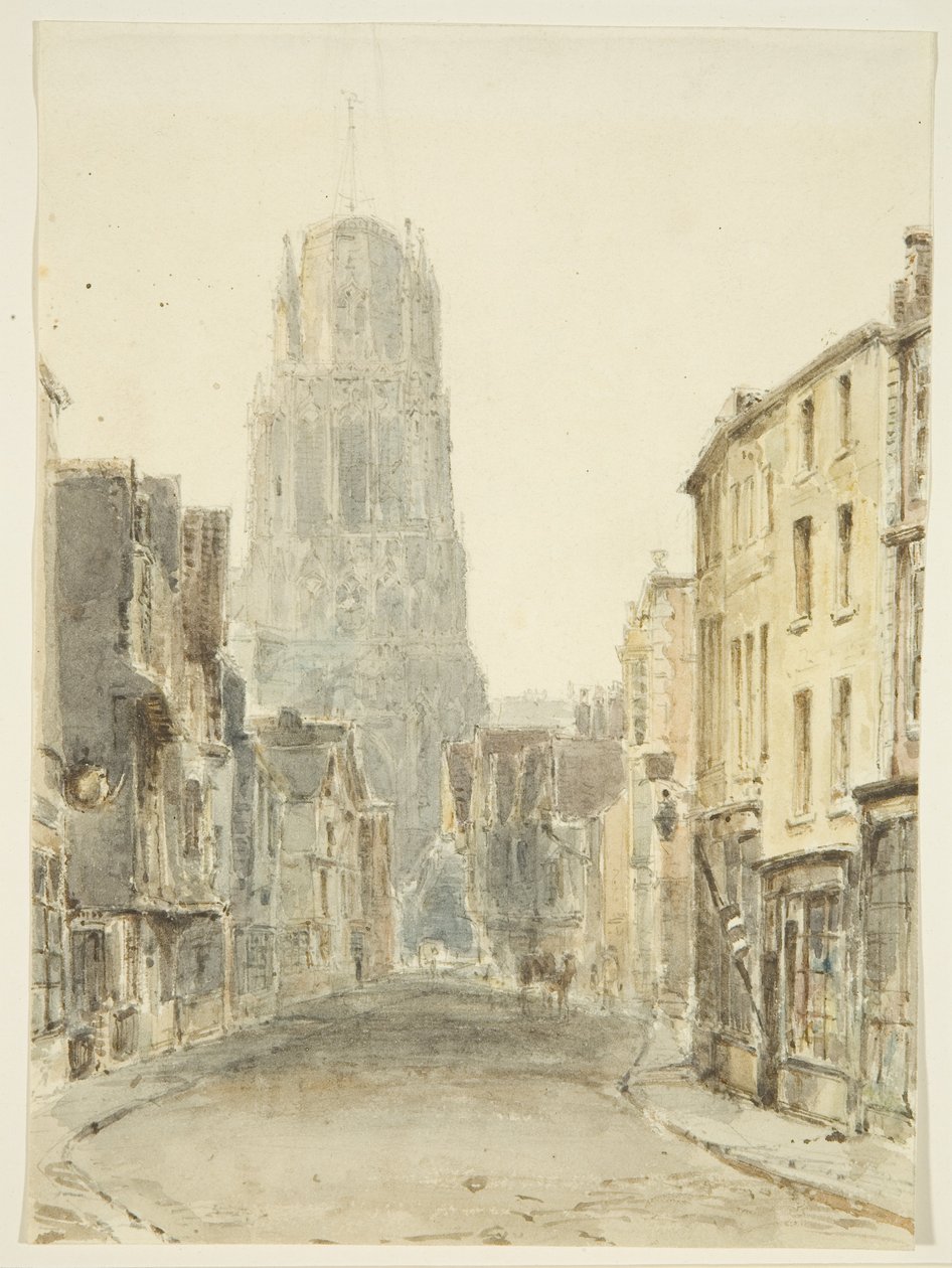 St Mary Redcliffe -kirkon pohjoisnäkymä Redcliffe Streetiltä, n. 1825 (kynä ja akvarelli paperilla) tekijältä William Henry Bartlett
