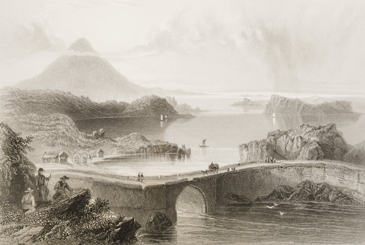 Pontoonisilta Lough Connissa, Mayon kreivikunnassa, Irlannissa, George Virtuen "Scenery and Antiquities of Ireland", 1860-luku tekijältä William Henry Bartlett