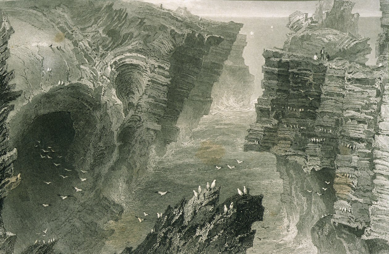 Puffin Hole Kilkeessä, Claren kreivikunnassa, Irlannissa George Virtuen teoksesta Scenery and Antiquities in Ireland, 1860 tekijältä William Henry Bartlett