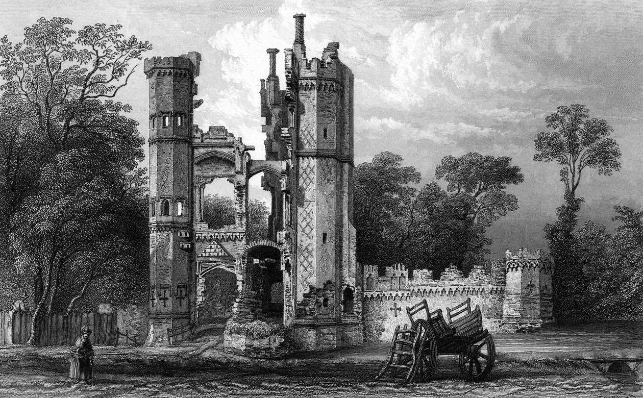 Nether Hallin jäänteet lähellä Harlowia, Essex, kaiverrus John Rogers, n. 1832 (kaiverrus) tekijältä William Henry Bartlett