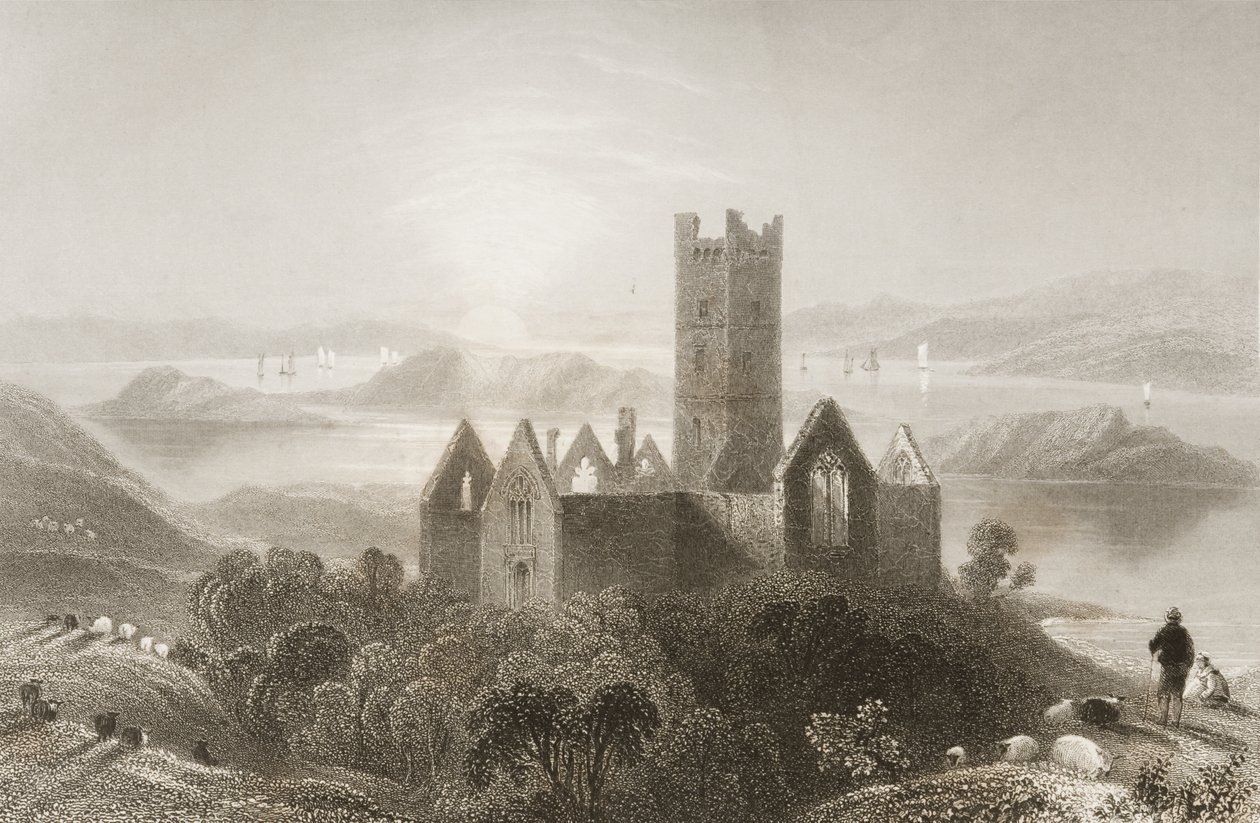 Roserk Abbey, Mayon kreivikunta, Irlanti, George Virtuen teoksesta "Scenery and Antiquities of Ireland", 1860-luku tekijältä William Henry Bartlett