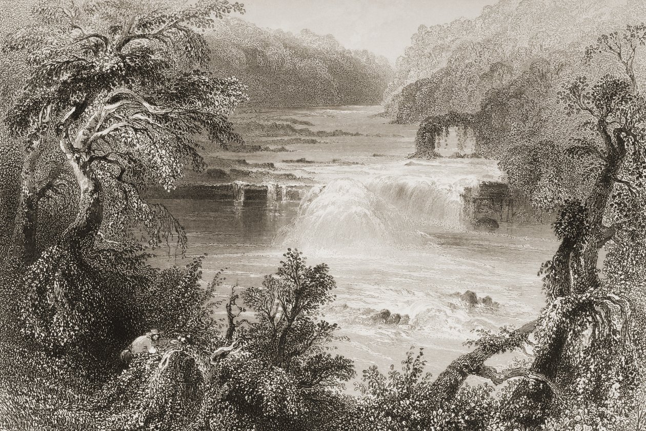 Lohihyppy Leixlipissä, Kildaren kreivikunnassa, George Virtuen "Scenery and Antiquities of Ireland", 1860-luku tekijältä William Henry Bartlett