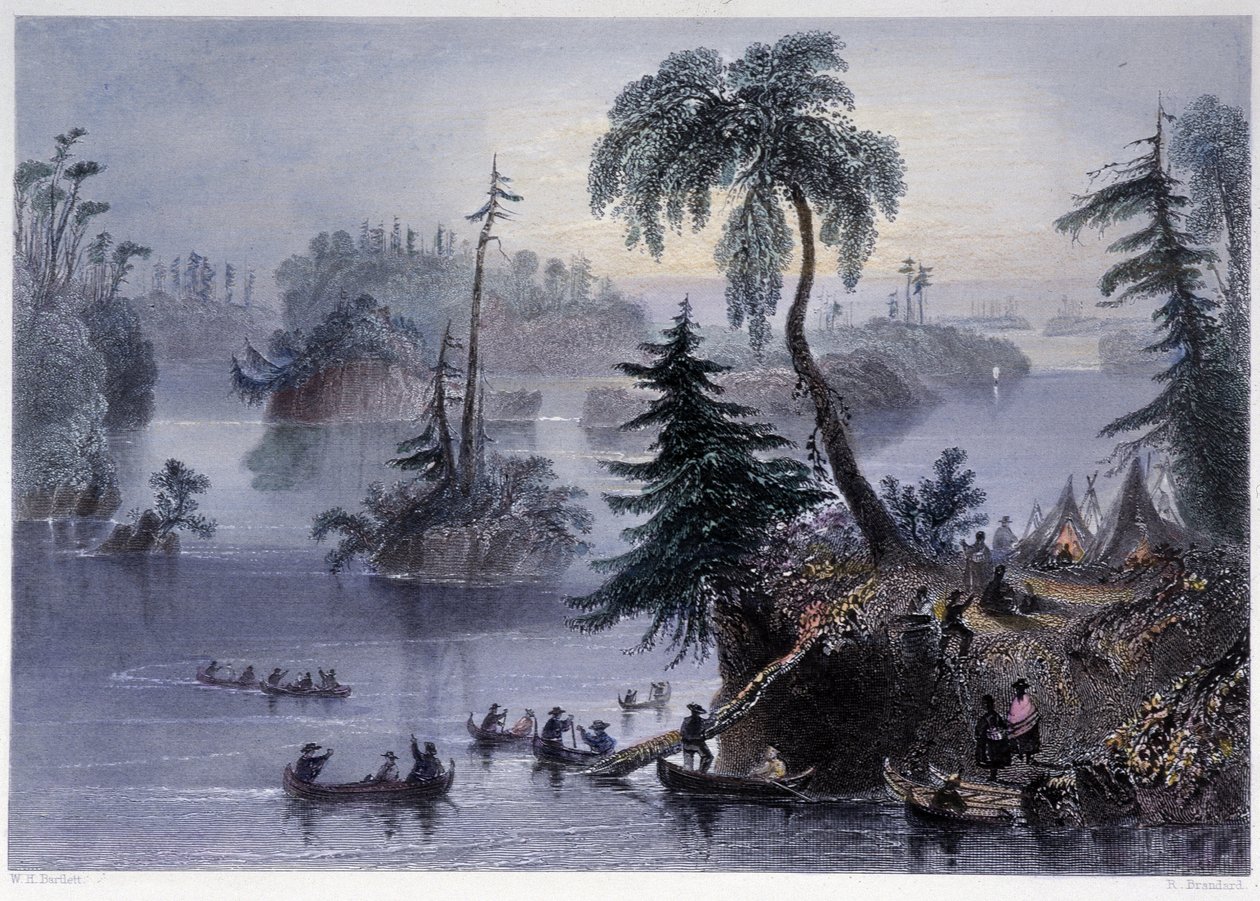 Kohtaus Tuhansien saarten joukossa: leiri ja veneitä, Mille îles - Bartlett W. H. kuvittamassa "" kanadalaisessa maisemassa. tekijältä William Henry Bartlett