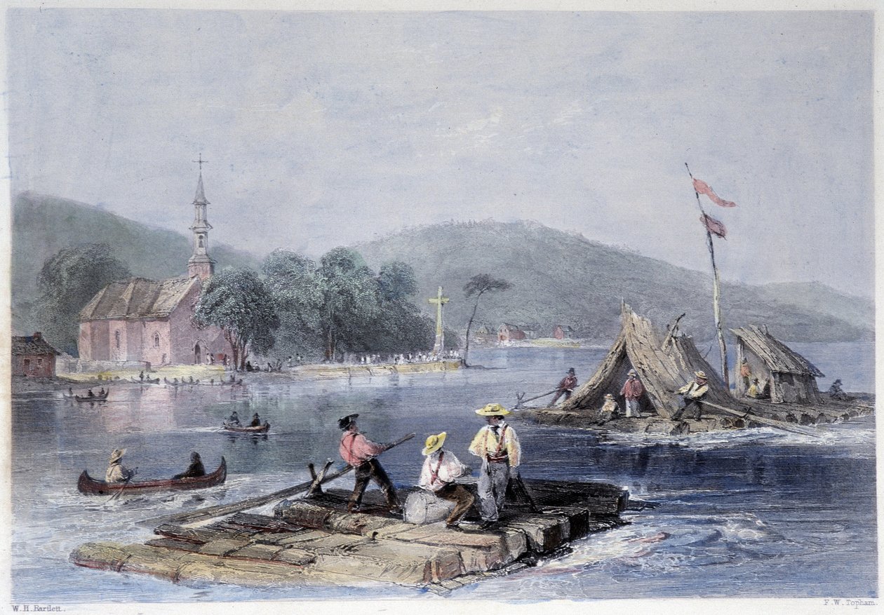 Uudisasukkaiden lautat ja puun kuljetus kahden vuoren järvellä - Bartlett W. H. kuvittamassa "" kanadalaisessa maisemassa. tekijältä William Henry Bartlett