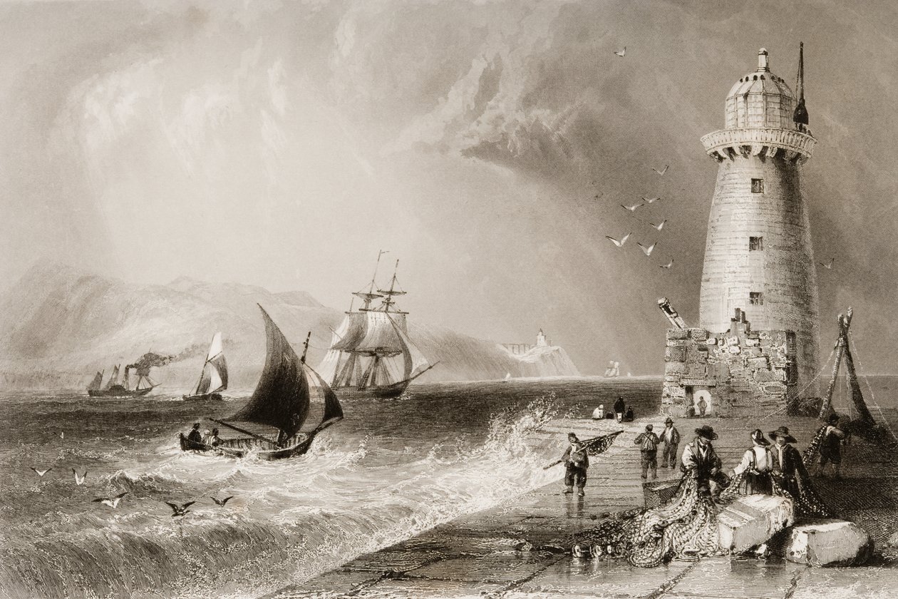 South Wall Lighthouse ja Howth Hill kaukana Dublinista, George Virtuen "Scenery and Antiquities of Ireland", 1860-luku tekijältä William Henry Bartlett