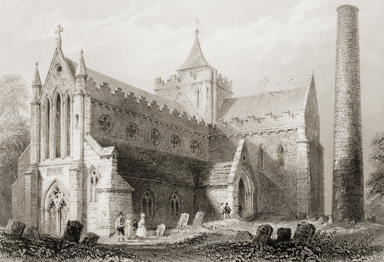 St. Canicen katedraali, Kilkenny, Kilkennyn kreivikunta, Irlanti, George Virtuen teoksesta "Scenery and Antiquities of Ireland", 1860-luku tekijältä William Henry Bartlett