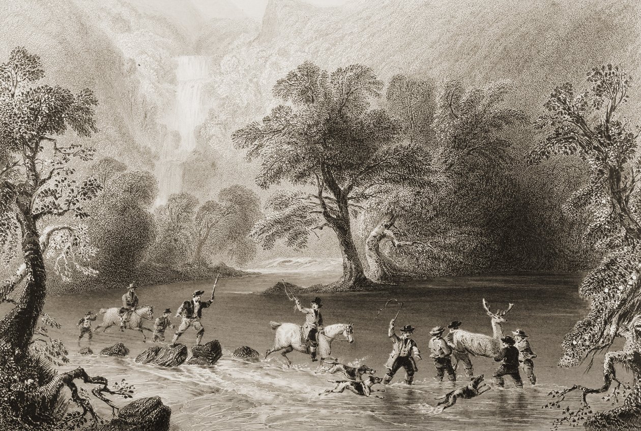 Hirvieläinten ottaminen lähellä Derrycunnihy Cascadea, Kerryn kreivikunta, Irlanti, George Virtuen "Scenery and Antiquities of Ireland", 1860-luku (kaiverrus) tekijältä William Henry Bartlett