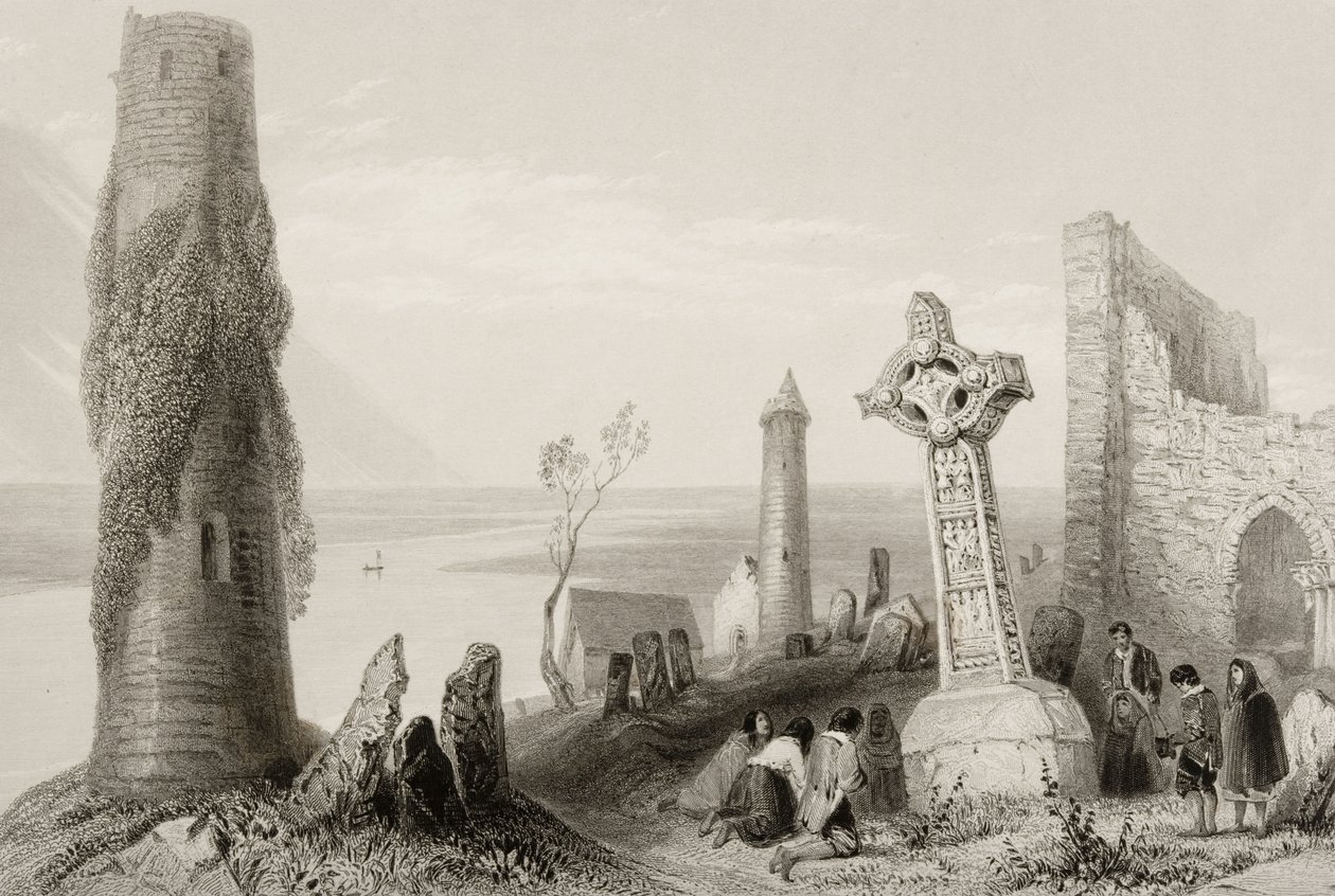 Muinainen risti ja pyöreä torni Clonmacnoisissa, Offalyn kreivikunnassa, Irlannissa, julkaisusta "Scenery and Antiquities of Ireland" (katso 131074) tekijältä William Henry Bartlett