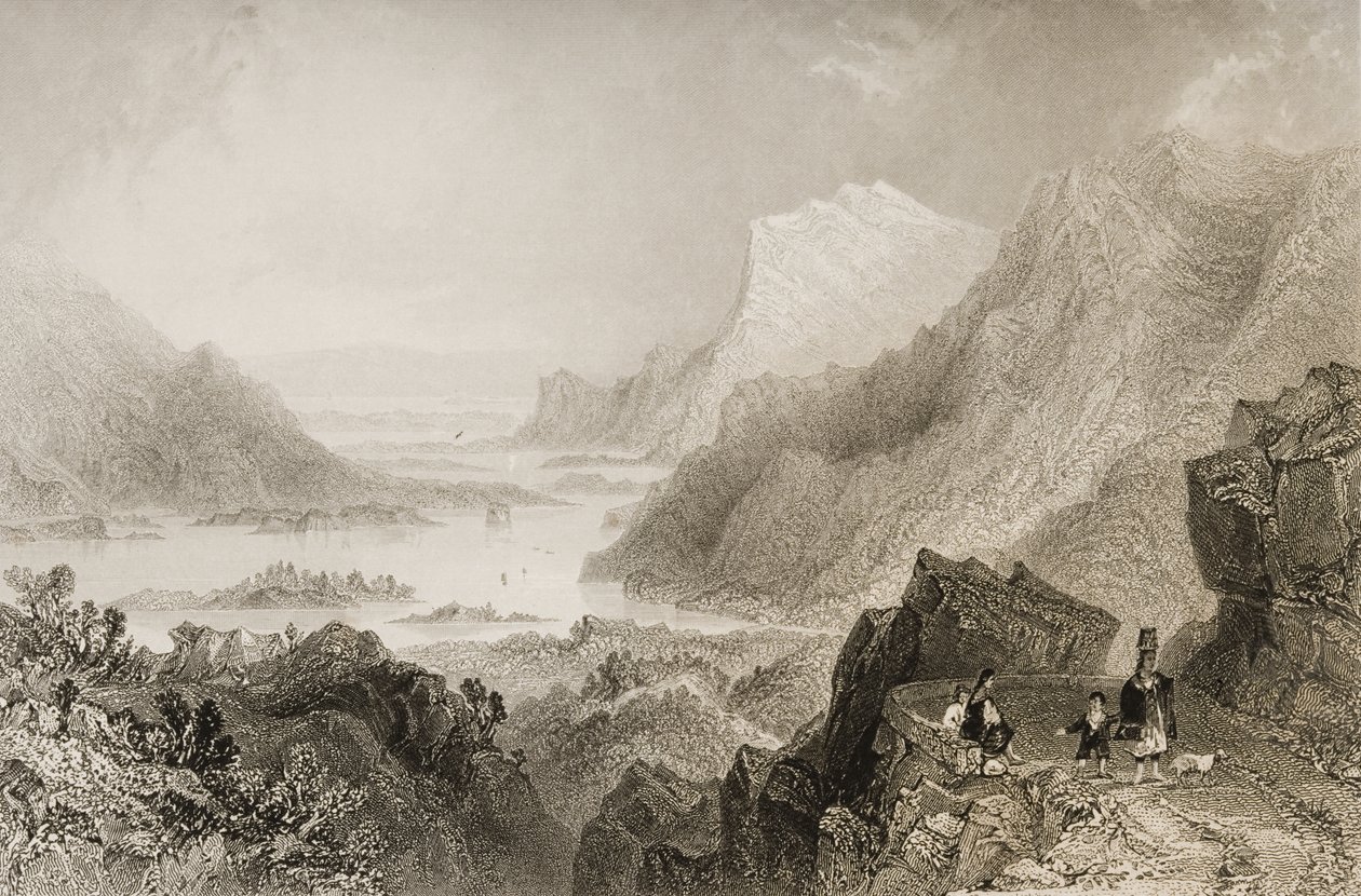 Lähestymistapa Killarneyyn Kenmare Roadilta, Killarneyn kreivikunnasta, George Virtuen teoksesta "Scenery and Antiquities of Ireland", 1860-luku tekijältä William Henry Bartlett