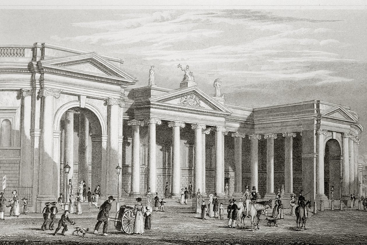 Bank of Ireland, Dublin, rakennettu vuonna 1729 George Virtuen "Scenery and Antiquities of Ireland" -teoksesta, 1860-luku tekijältä William Henry Bartlett