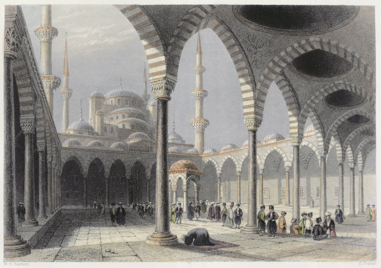 Sulttaani Achmetin moskeijan hovi, Istanbul, S. Fisherin kaiverrus, n. 1850 (akvatinta) tekijältä William Henry Bartlett