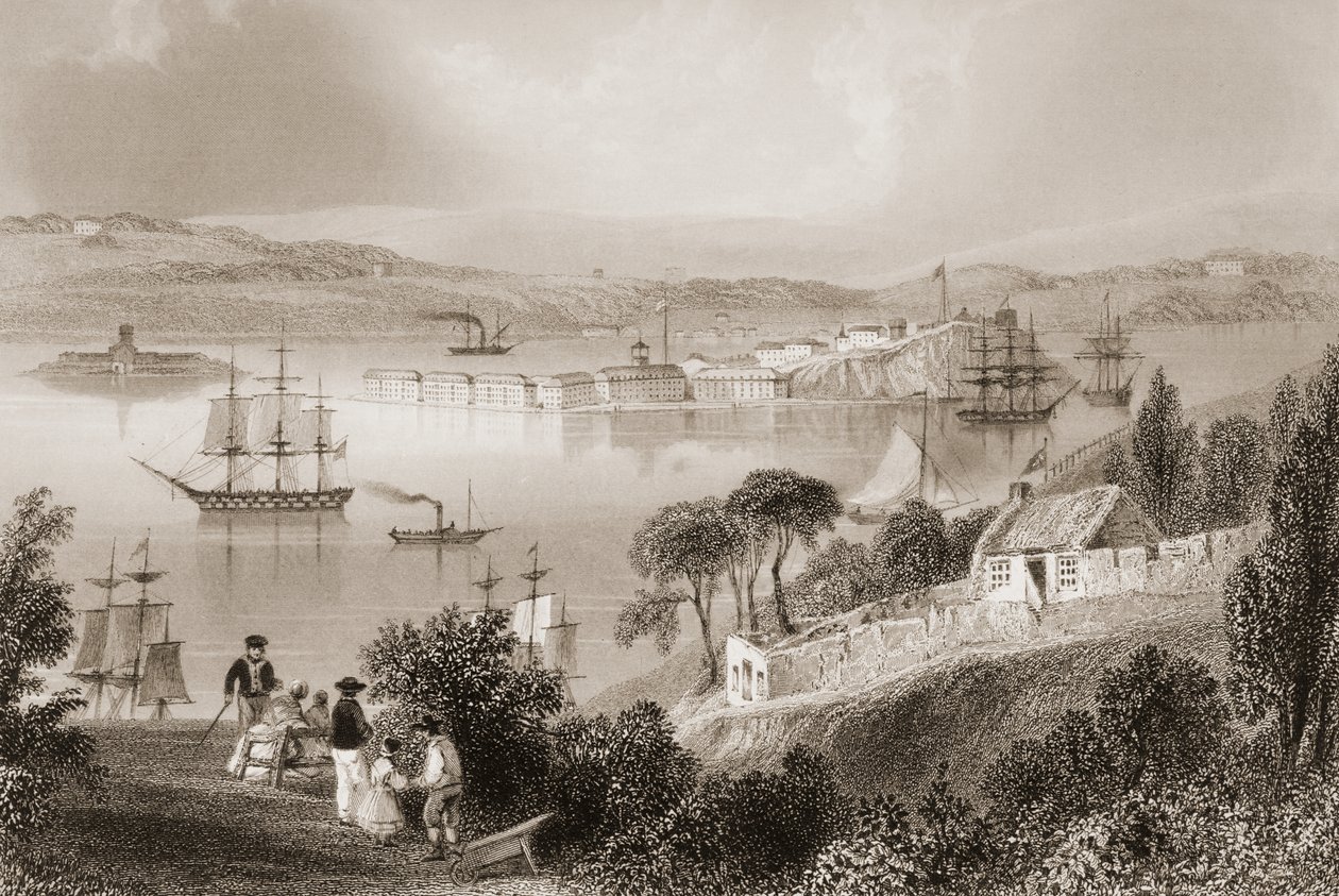 Corkin poukama (nykyisin Cobh), Corkin kreivikunta, Irlanti, George Virtuen kirjasta "Scenery and Antiquities of Ireland", 1860-luku. tekijältä William Henry Bartlett