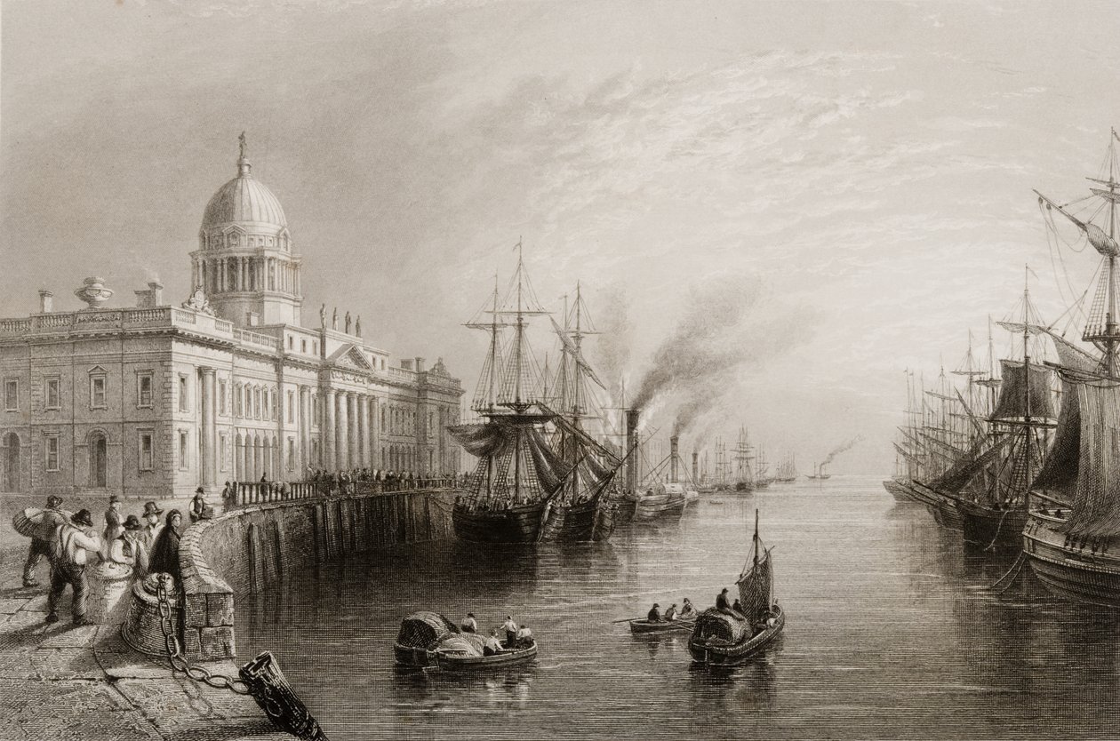 Custom House, Dublin, George Virtuen "Scenery and Antiquities of Ireland", 1860-luku tekijältä William Henry Bartlett