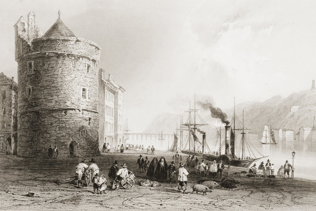 The Quay Waterfordissa, Irlannissa, George Virtuen "Scenery and Antiquities of Ireland", 1860-luku tekijältä William Henry Bartlett