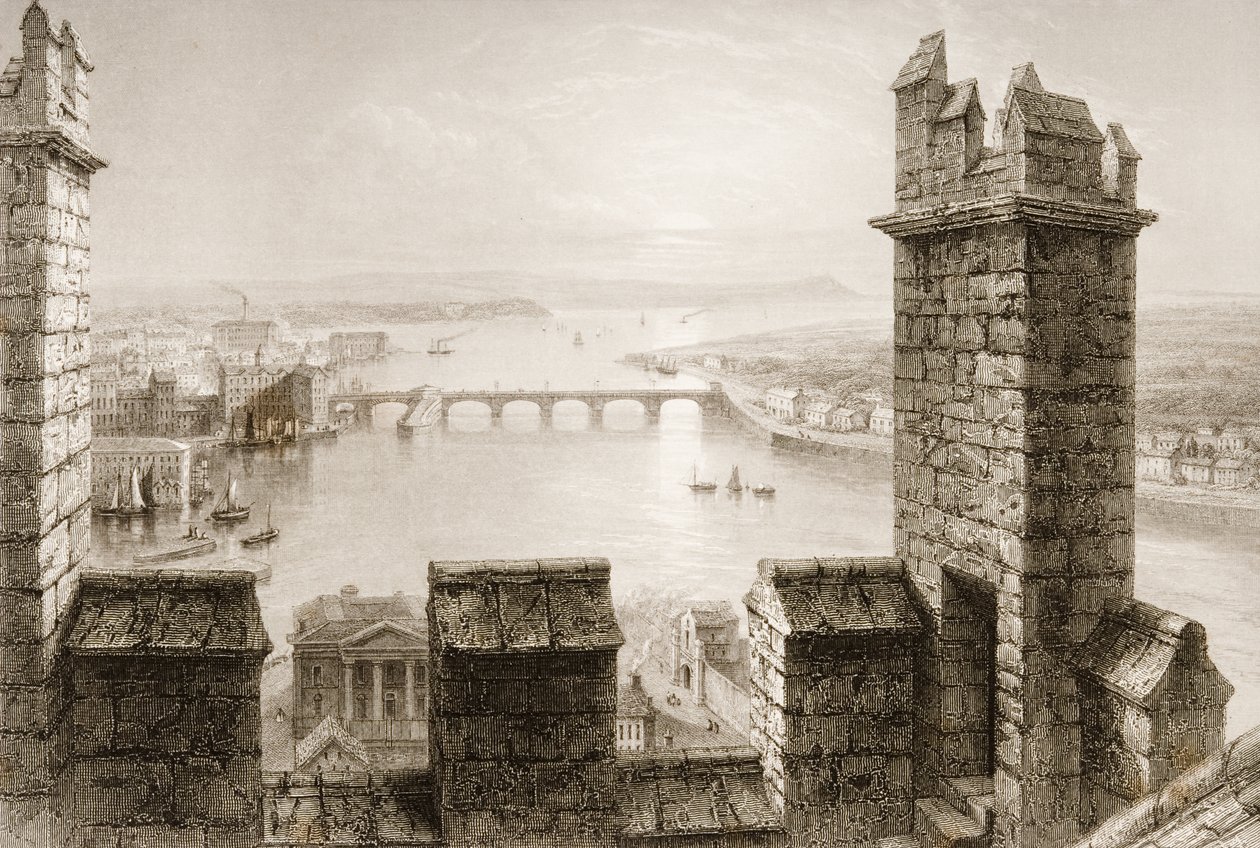 Shannon-joki ja Limerick Cathedral Towerista, Limerickin kreivikunnasta, George Virtuen teoksesta "Scenery and Antiquities of Ireland", 1860-luku tekijältä William Henry Bartlett