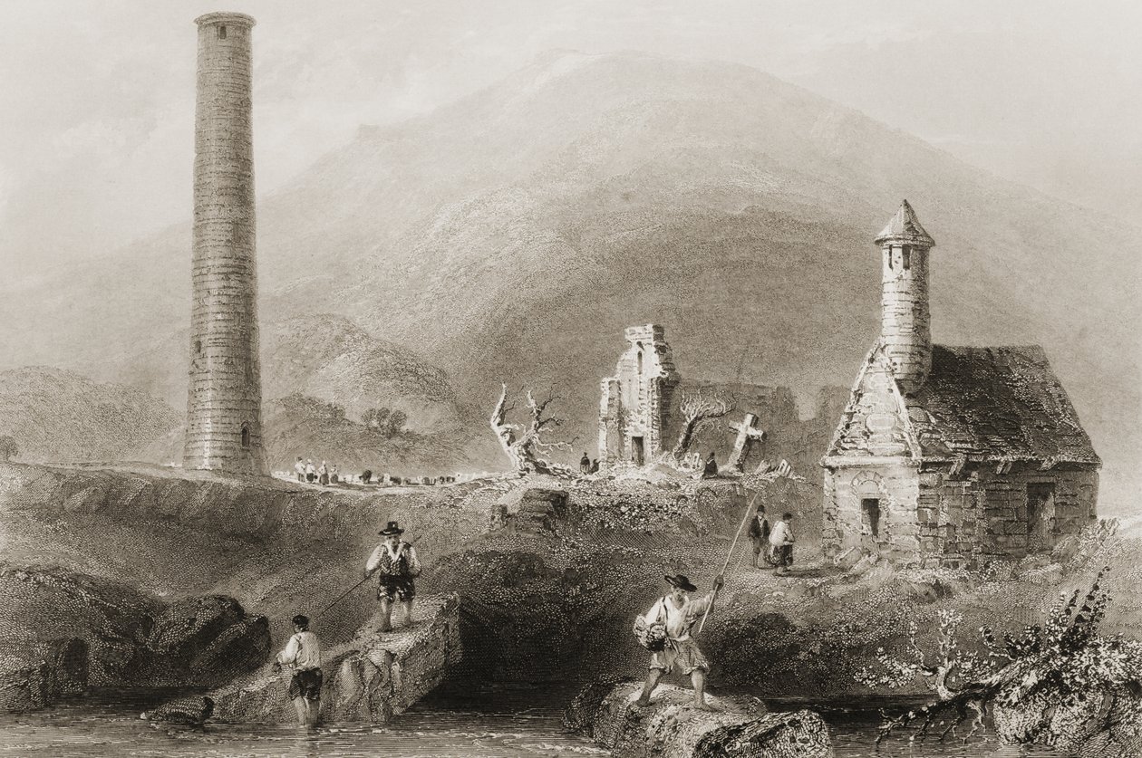 The Ruins at Glendalough, County Wicklow, Irlanti, George Virtuen "Scenery and Antiquities of Ireland", 1860-luku tekijältä William Henry Bartlett
