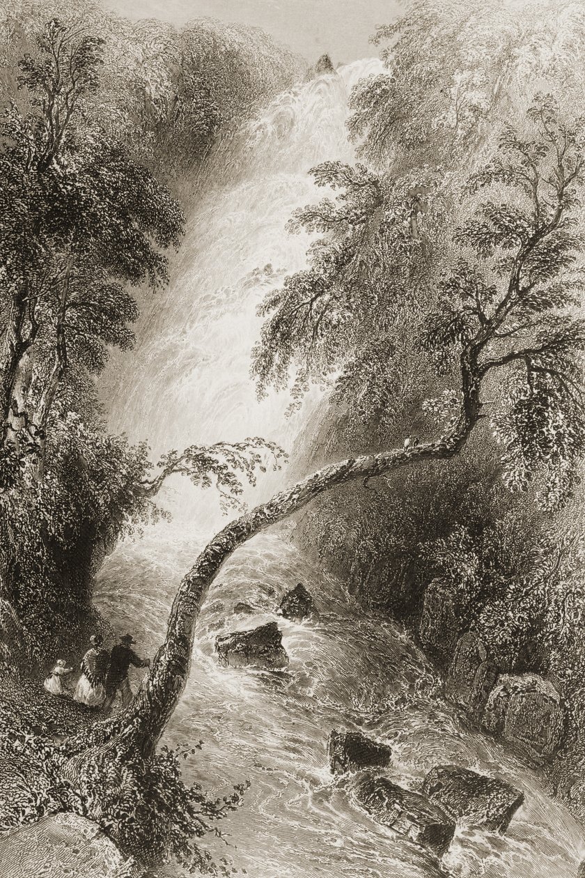 Turcin vesiputous, Killarneyn kreivikunta, Irlanti, George Virtuen "Scenery and Antiquities of Ireland", 1860-luku tekijältä William Henry Bartlett
