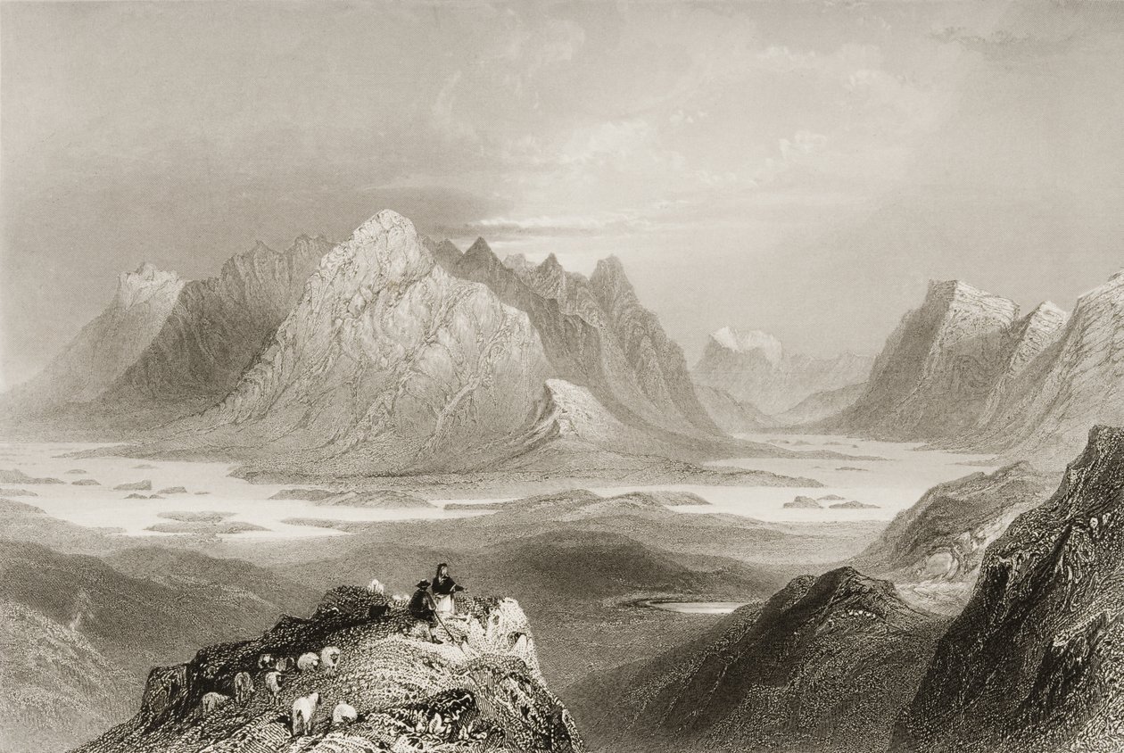 Näkymä Cloonacartin Hilliltä, Connemara, Galwayn kreivikunta, George Virtuen kirjasta "Scenery and Antiquities of Ireland", 1860-luku. tekijältä William Henry Bartlett
