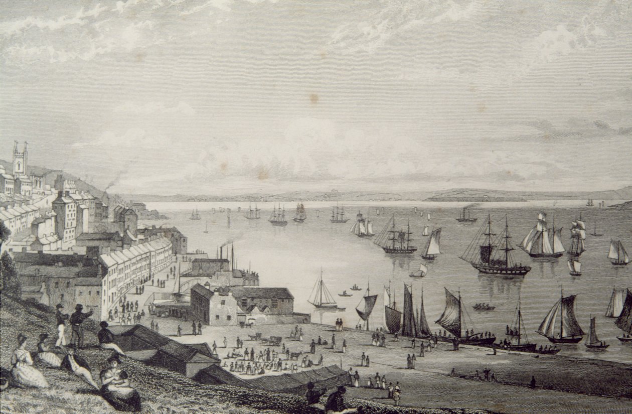 Näkymä Cobh Harbouriin Rostellaniin Corkin kreivikunnassa Irlannissa 1830-luvulla George Virtuen 1860-luvun teoksesta "Scenery and Antiquities of Ireland" tekijältä William Henry Bartlett