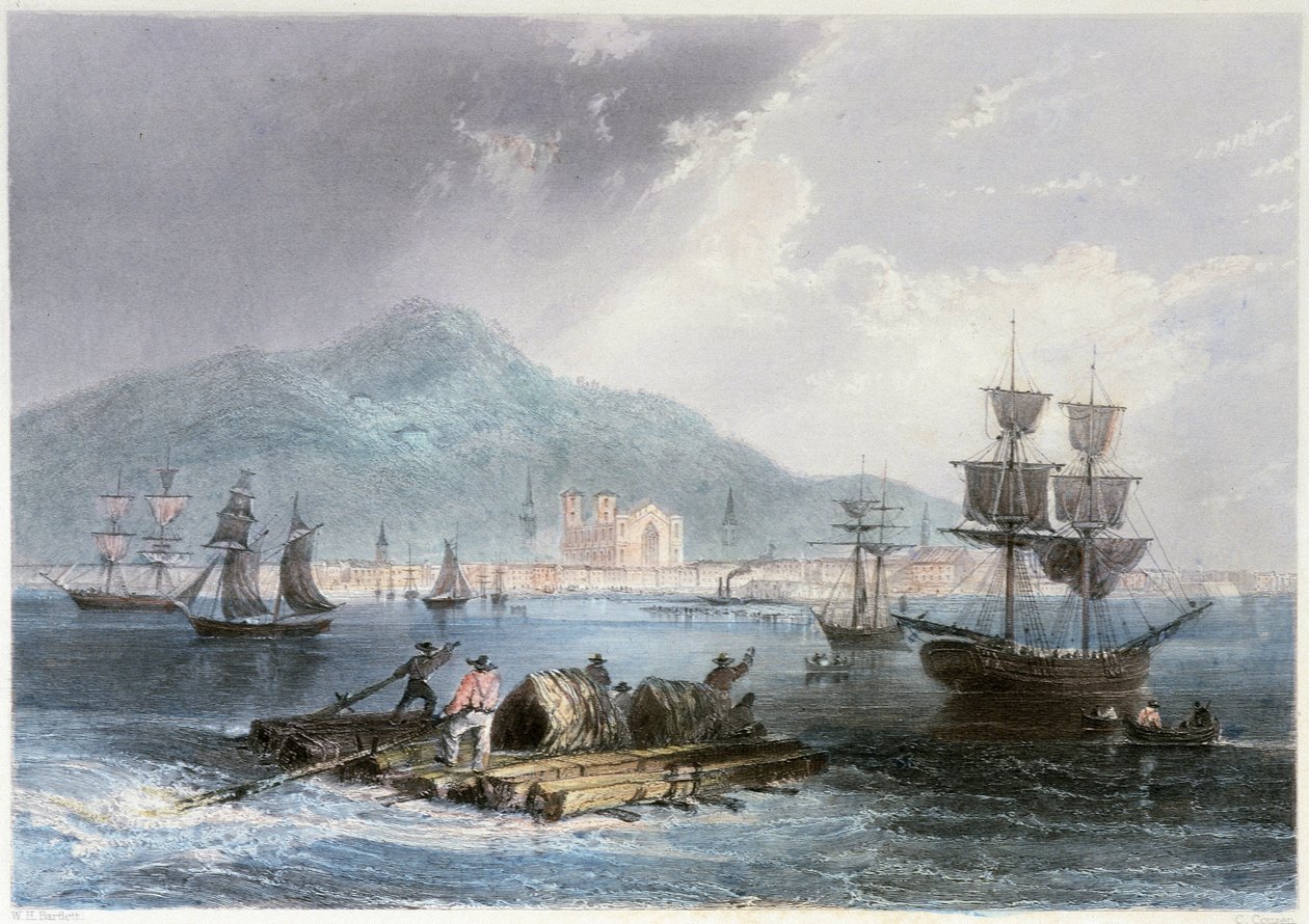 Näkymä Montrealista ja veneistä - William Henri Barlettin "" Canadian Scenary illustrated" -julkaisussa, toim. George Virtue tekijältä William Henry Bartlett
