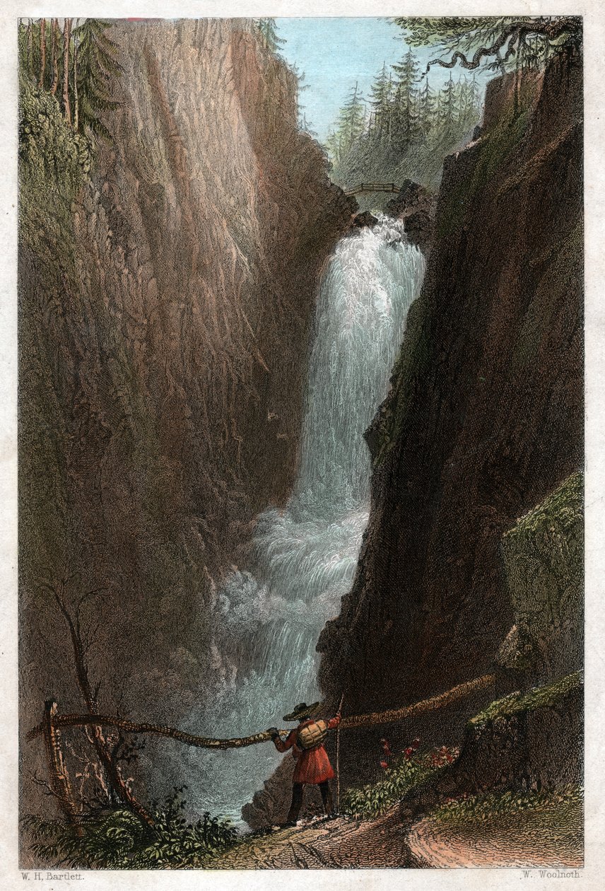 Aarin vesiputoukset Aar Gotthardin vuoristossa, Sveitsin Alpeilla. noin 1850 (kaiverrus) tekijältä William Henry Bartlett